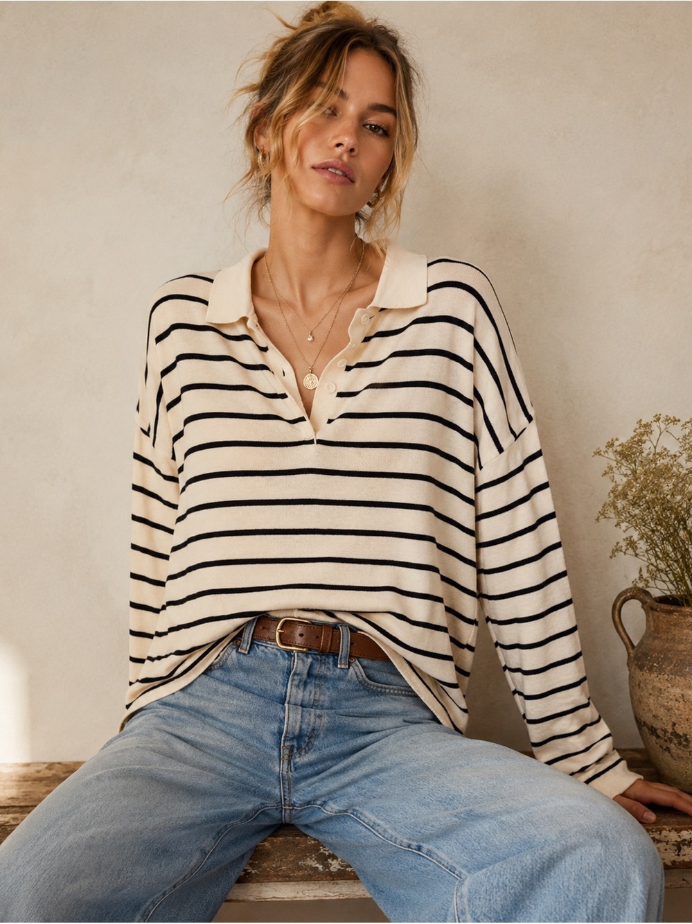 Vero Moda Cream Black Striped Knit Polo Relaxed Top